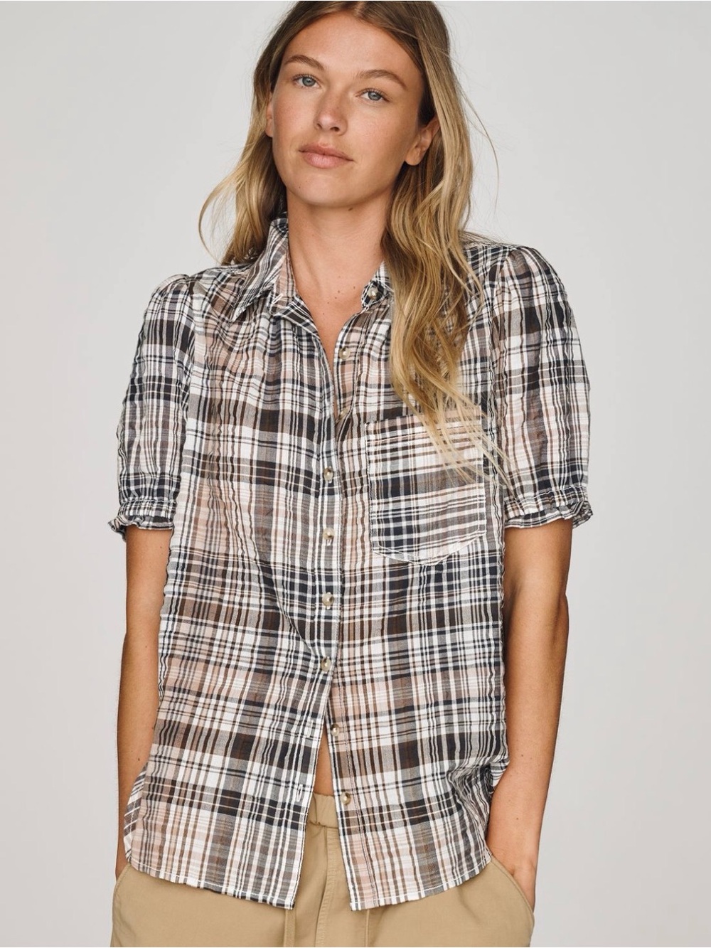 NWT Anthropologie Pilcro Aly Puff-sleeve Brown & Black Plaid Blouse SZ XXS